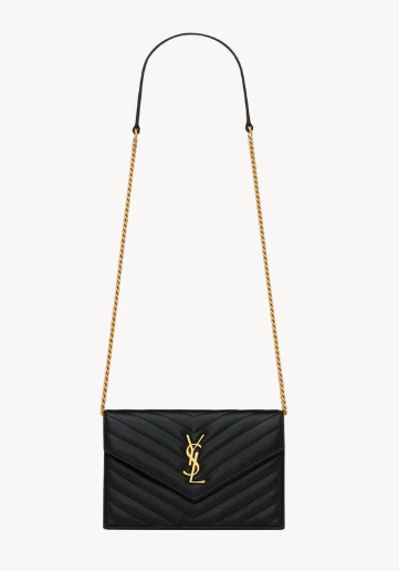 YSL CASSANDRE Envelope Chain Wallet in Lambskin Black
