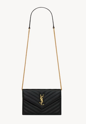 YSL CASSANDRE Envelope Chain Wallet in Lambskin Black