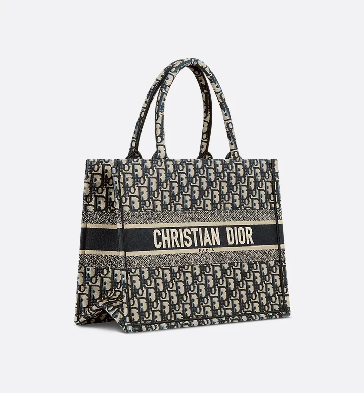 Dior Blue Dior Oblique Embroidery Medium Tote Bag
