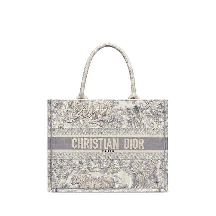 Dior Ecru and Gray Toile de Jouy Embroidery Medium Tote Bag