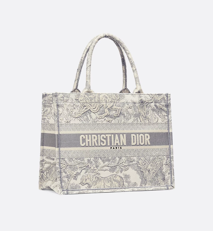 Dior Ecru and Gray Toile de Jouy Embroidery Medium Tote Bag